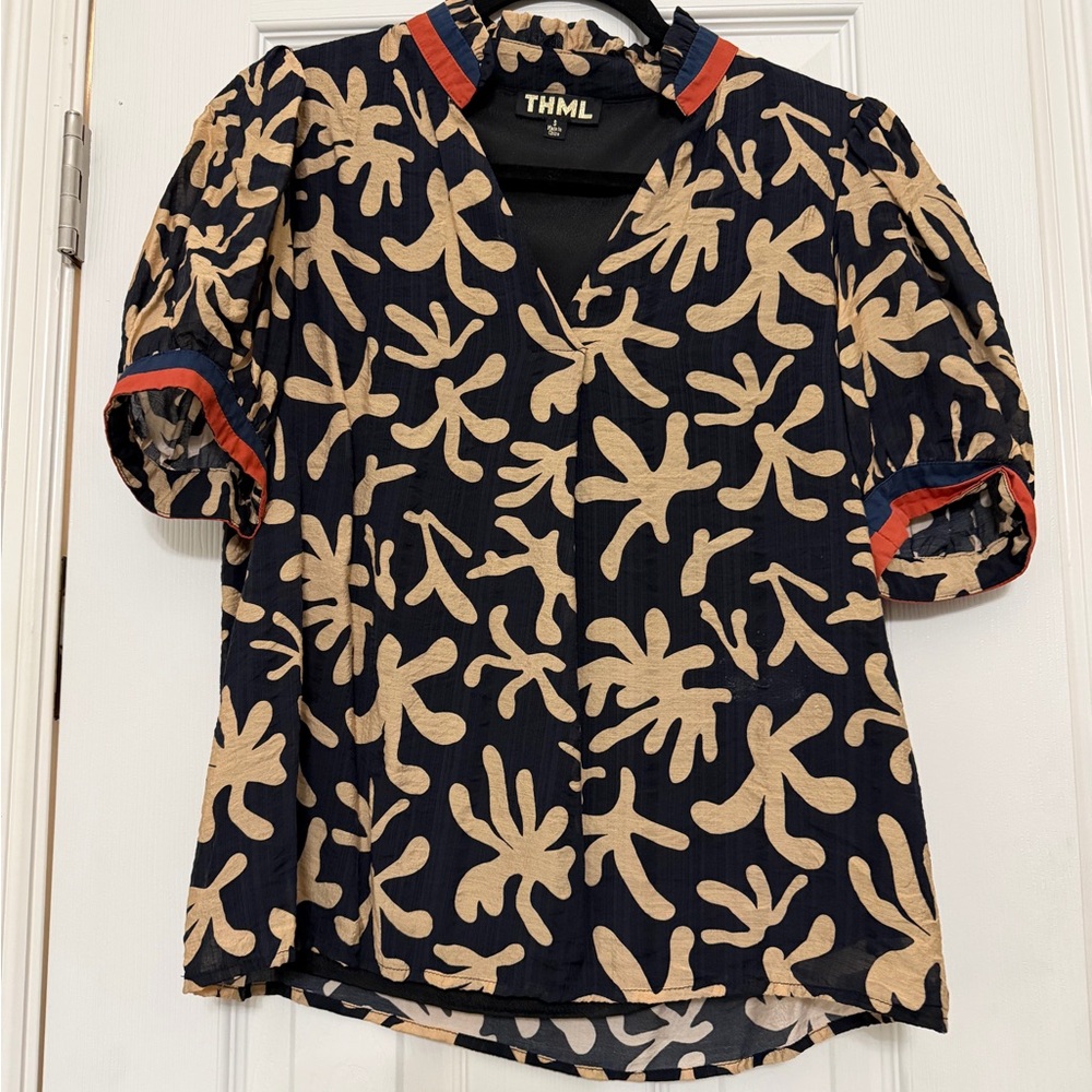 THML Navy Top with Tan Abstract Motif and Red-Trim Shoulders